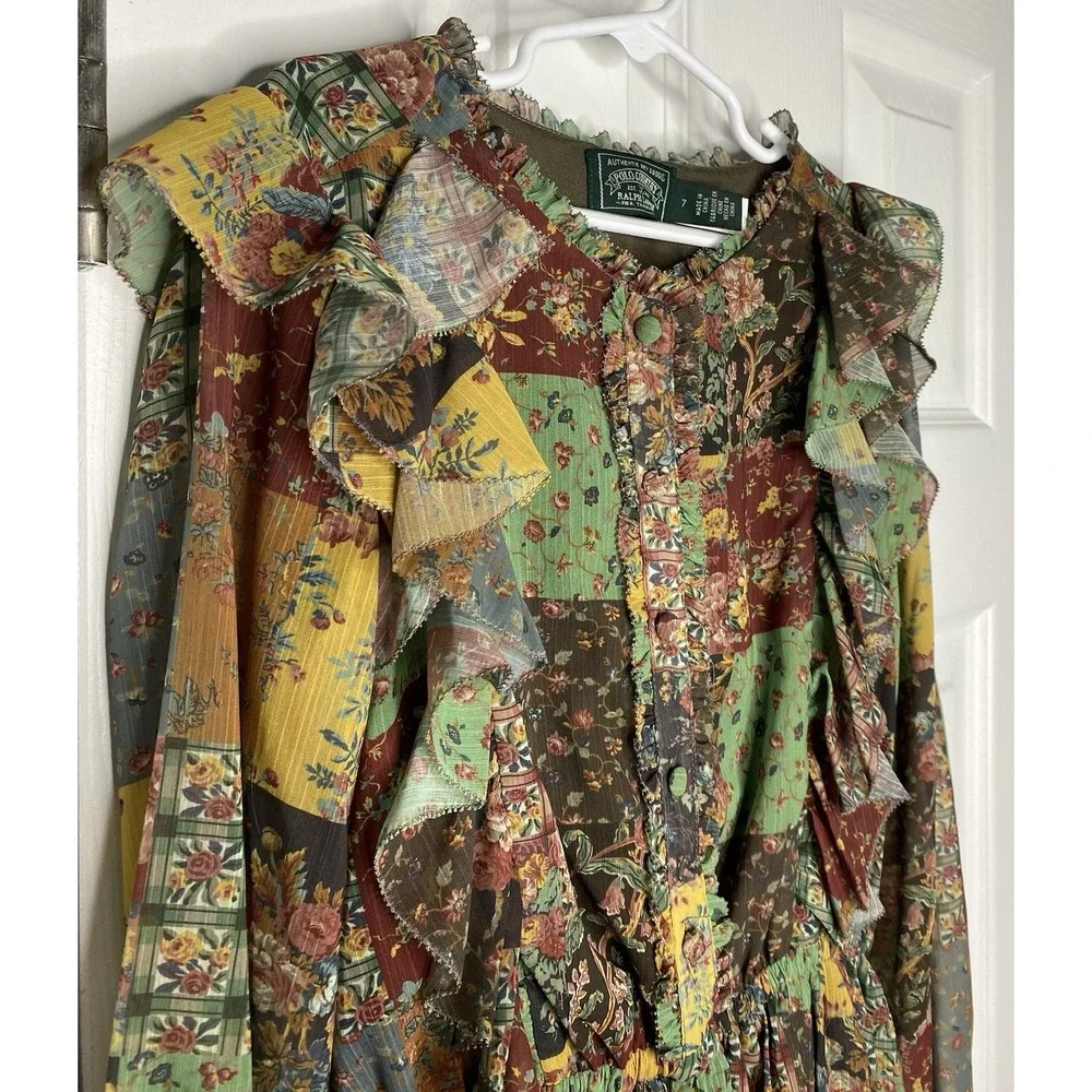 Ralph Lauren‎ Girls Polo Country Patchwork Floral Ruffled Chiffon Dress Size 7
